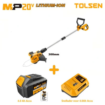 Afbeelding van Tolsen Grastrimmer op accu 20V Li ion 200W Ø 300 mm maaidiameter 7500 /min Verstelbare kop in vijf snijhoeken Incl. 1x 4.0Ah &amp; snellader
