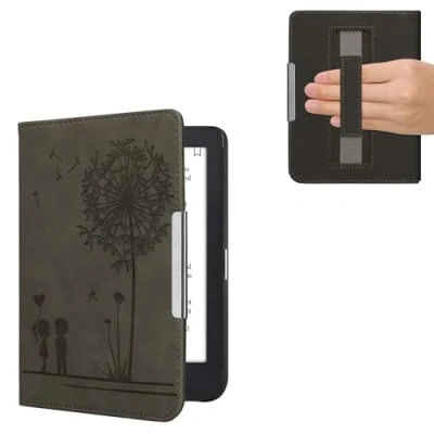 Afbeelding van kwmobile ereader hoesje van kunstleer geschikt voor Kobo Clara 2E Met magneetsluiting In grijs Paardenbloemen Liefde design