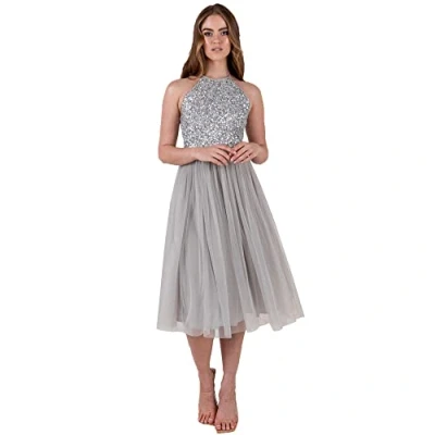 Afbeelding van Maya Deluxe Dames midi jurk met halter hals tule voor avondafstuderen prom bruiloft bruidsmeisjes baljurk, Zacht Grijs, 34