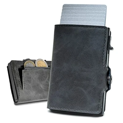 Afbeelding van slimfin® Slim Wallet met muntzakje kaarthouder RFID bescherming pop up portemonnee mini voor mannen en vrouwen grijs