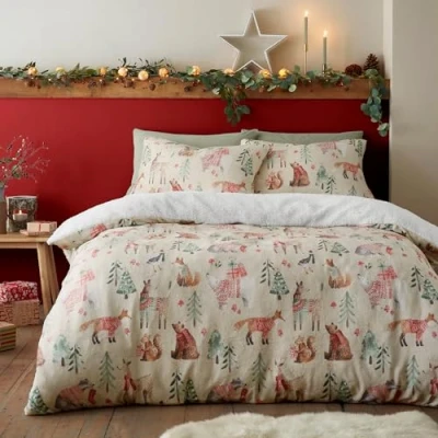 Afbeelding van Fusion Teddy fleece Kerst dekbedovertrek tweepersoons beddengoed (200 x 200 cm) bos dieren dekbed ijsbeer en vos met 2x kussenslopen Kerstmis bed