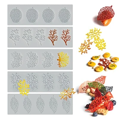 Afbeelding van 5 STKS Leaf Mallen Siliconen Bakken Fondant Mallen, Holle 3D Koraal Tak Blad Kant Cake Polymeer Klei voor Bakken, Hars, Klei, Suiker Ambacht, Dessert Decoratie