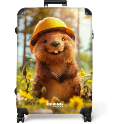 Afbeelding van NoBoringSuitcases.com® Koffer groot Reiskoffer lichtgewicht Lachende bever met bouwhelm in de natuur Rolkoffer 4 wielen Grote trolley XL 98 liter bagage