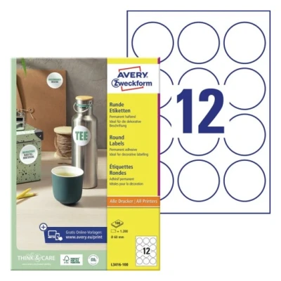 Afbeelding van Etiket Avery Zweckform L3416 10 rond 60mm wit 120stuks