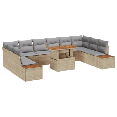 Afbeelding van vidaXL 11 delige tuinset met kussens in beige poly riet