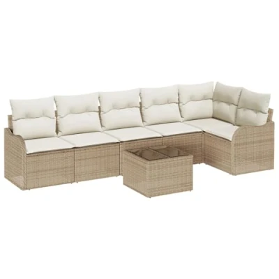 Afbeelding van vidaXL 7 Delige Tuin Sofa Set met Kussens Bruin Poly Riet, 2 Persoons Beige Riet