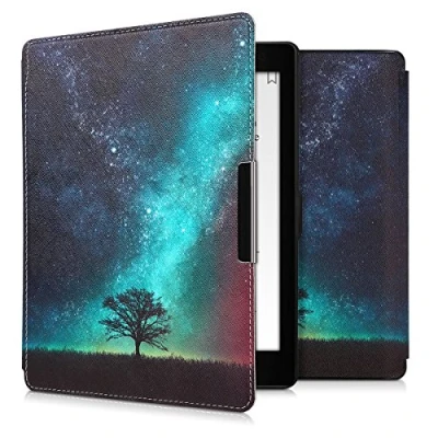 Afbeelding van kwmobile E reader hoesje geschikt voor Kobo Aura ONE hoes flip case met magnetische sluiting Ereader cover Sterrenstelsel en Boom design in blauw / grijs zwart