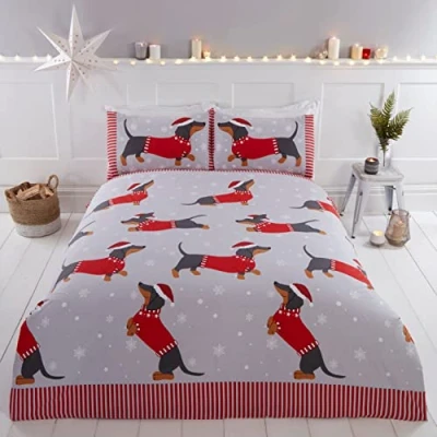 Afbeelding van Rapport Home Teckel door de sneeuw tweepersoons dekbedovertrek kerst bed set, 3 stuks, rood