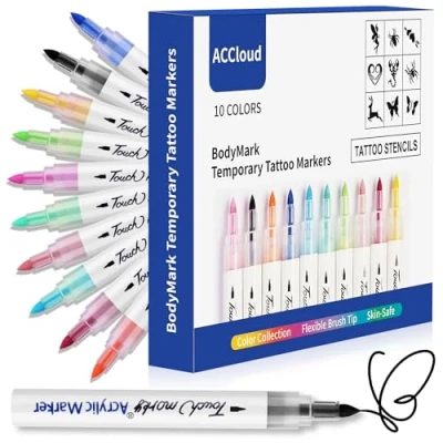 Afbeelding van ACCloud Tijdelijke tatoeage markers voor de huid, 10 Body Markers+ 124 tattoo stencils kit kinderen en volwassenen, flexibele penseelpunt, kleurcollectie Halloween Tattoos