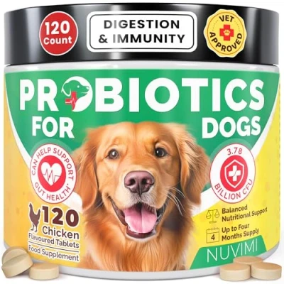 Afbeelding van Probiotics for Dogs, 120 Chicken Flavor Dog Probiotic &amp; Prebiotic Tablets, Immune Boost Digestive Support Upset Tummy, Loose Stools Bloating, 1 4 Month Supply by Nuvimi