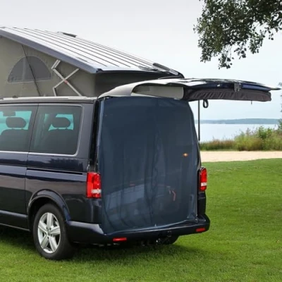 Afbeelding van ALNIYATX Achterklepvleugelhoes, magnetisch vliegengaas, groot formaat, 180 x 150 cm, achterdeurgordijnen, zwart gaas muggennet, zonnebescherming voor dak, T4, T5, T6, camper, bestelwagen, caravan