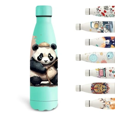 Afbeelding van Grsta Thermosfles, 500 ml, gepersonaliseerde drinkfles, BPA vrij, lekvrij, vacuüm geïsoleerd, voor school, kantoor, camping, fietsen, groen panda