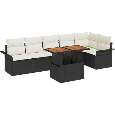 Afbeelding van vidaXL 7 delig Tuin Eetset met Kussens Zwarte Poly Rattan Acacia