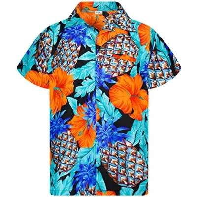 Afbeelding van Funky Hawaiiaans Overhemd, Hawaii Korte Mouw, Pineapple Hibiscus, Zwart Turkoois, XL