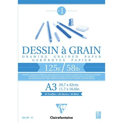 Afbeelding van Clairefontaine Ref 96682C Witkorrelig tekenpapier gelijmd pad (40 vellen) A3 formaat, 125gsm papier, wit en korrelig tekenpapier, zuurvrij, pH neutraal