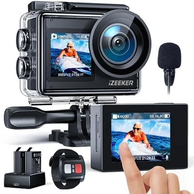 Afbeelding van iZEEKER iA200 Action Cam 4K 30FPS 24MP Dubbel Scherm 40M Waterdichte Onderwatercamera WiFi EIS Helmcamera met 2x1350mAh Batterijen, Externe Microfoon, 2.4G Afstandsbediening en Accessoireset