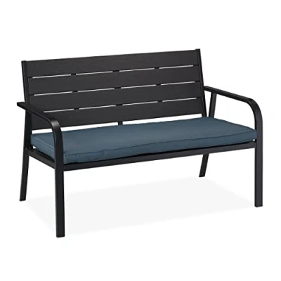 Afbeelding van Relaxdays tuinbank met kussen, houtlook, HBD: 78 x 118 66 cm, 2 zits, stevige balkonbank, voortuin, zwart/antraciet