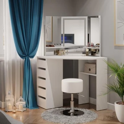 Afbeelding van Vicco Hoek kaptafel &quot;Arielle&quot;, Wit, 111 cm met LED spiegel en krukje
