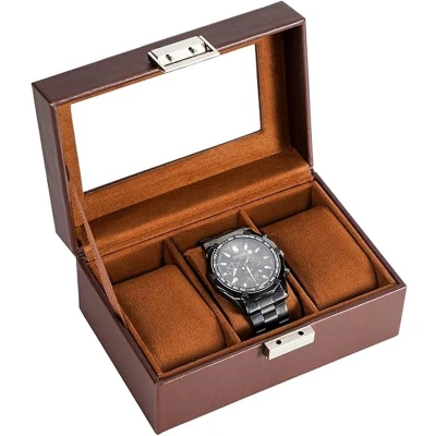 Afbeelding van Horlogedoos voor heren, schokbestendig, met 3 vakken horlogekussen, opslag van horloges glazen deksel, horloge enthousiast, bruin