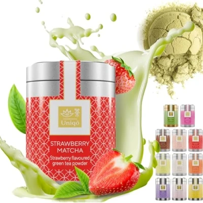Afbeelding van Tea Uniqo Aardbei Matcha theepoeder, ideaal om te drinken, voor ijs, latte, shakes, bakken of koken, Japans groene theepoeder met aardbeismaak, zonder kunstmatige kleurstoffen, in luxe doos