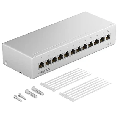 Afbeelding van deleyCON CAT 6 Patchpaneel 12 Poorten 1U Desktop &amp; Wandmontage Afgeschermd 12x RJ45 Bus LAN Netwerk Installatiekabel TIA568A TIA568B RAL 7035 Lichtgrijze
