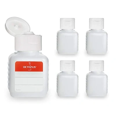 Afbeelding van Octopus 5 x 50 ml plastic flessen, HDPE flessen met witte klapsluiting, lege scharniersluiting, vierkante incl. beschrijfbare etiketten