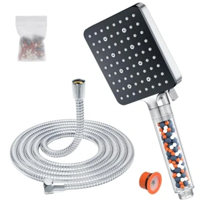 Afbeelding van YEAUPE PRO Douchekop met slang, 1,6 m filter, universele badkuip, waterbesparend 6 straalsoorten, handdouche, regendouche, douchekop, hogedruk spaardouchekop (115 x 100 mm), chroom
