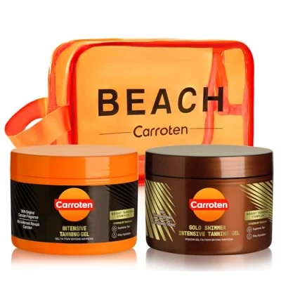 Afbeelding van Carroten set van 2 bruiningsversnellers Bruiningsset bestaande uit Gold Tanning Gel 150 ml en Intensive Bruiningsgels voor een snelle bruining, incl. cosmetisch zakje