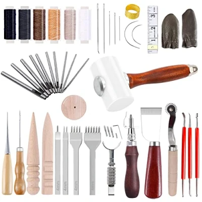 Afbeelding van Techfection lederen gereedschapsset voor lege verwerking handgereedschap couture leer handgemaakt handnaaien DIY handkit uitrusting set om te naaien stansen carving zadel leeg kunstwerk