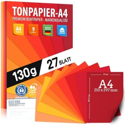 Afbeelding van ELES VIDA Gekleurd papier, rood, robijnvuur, kleuren, 27 stuks, paars, A4 130 g, knutselvellen, oranje dikker dan karton, karton om te knutselen, tekenkarton, blauwe engel en PEFC gecertificeerd, made in
