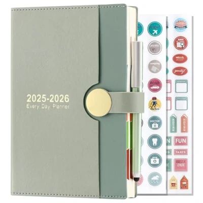 Afbeelding van Academisch dagboek 2025 2026 A5 pagina per dag, van augustus tot 2026, 13 maanden dagelijkse planner, hardcover met pen (groen)