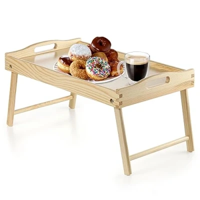 Afbeelding van KADAX Bedtafel, ontbijtdienblad van grenenhout, 19 x 30 50 cm, serveerdienblad, inklapbaar beddienblad, eetdienblad voor ontbijt op bed, bijzettafel (kleurloos)