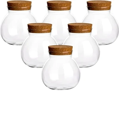 Afbeelding van gouveo Set van 6 voorraadpotten, 600 ml, bolvorm borosilicaatglas met kurk, voorraaddoos kurksluiting, kurkglas voor het bewaren levensmiddelen