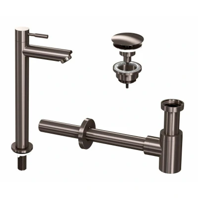 Afbeelding van INK 2A Fonteinkraanset staande Fonteinkraan hoog always open plug en design Sifon Metal black Minimalistisch