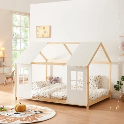 Afbeelding van Kinderbed Tostedt huisbed grenen houtkleurig en wit 120x200 cm [en.casa]
