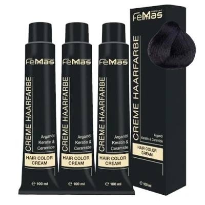 Afbeelding van FemMas Haarverf, 3 x zwartbruin, 2 stuks, professionele crème haarverf met arganolie, keratine en ceramiden, als duurzame haarkleuring of tint voor stralende, kleurresultaten, 100 ml