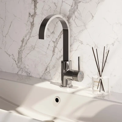 Afbeelding van Brauer Chrome carving Wastafelmengkraan opbouw hoog draaibaar platte uitloop model a chroom