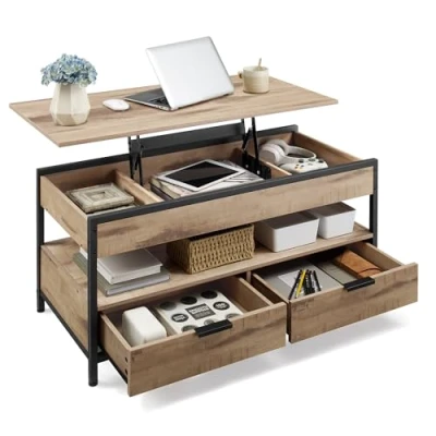 Afbeelding van VASAGLE salontafel, in hoogte verstelbare woonkamertafel, met laden, open vak, kameelbruin inktzwart LCT209K02