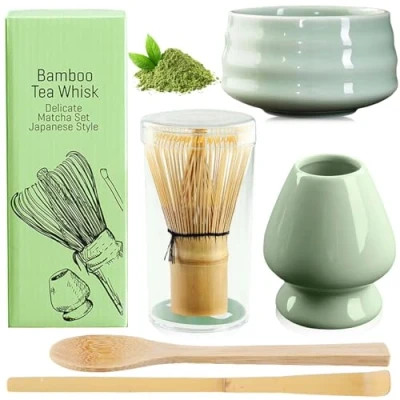 Afbeelding van BAIFULAI matcha set, 5 delige theeset, garde, kom van keramiek, theelepel, gardehouder, Japanse accessoires voor ceremonie (groen)