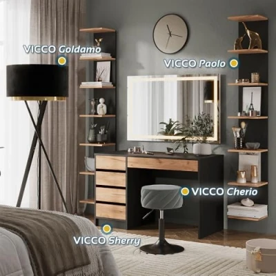 Afbeelding van Vicco Beautytisch met licht Sherry, Antraciet/gouden eik, 120 x 75 cm LED spiegel