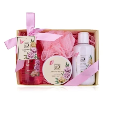 Afbeelding van Accentra Dames doucheset SWEET PEONY cadeauset in mooie geschenkdoos 4 delige verzorgingsset met douchegel, bodylotion, body butter en mesh spons cadeau voor Valentijnsdag Moederdag