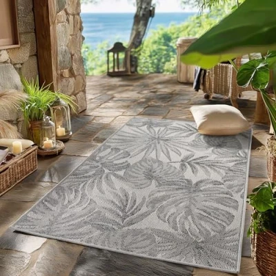 Afbeelding van SIMPEX Buiten Vloerkleed grijs 80x150 cm, weerbestendig en UV bestendig, ideaal voor de keuken, balkon, terras, evenals woonkamer eetkamer, Palmbladeren design