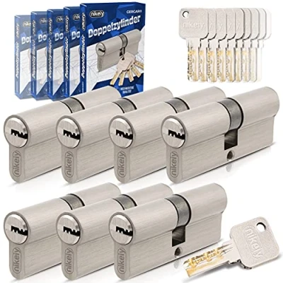 Afbeelding van Gercar Pro Cilindersloten, gelijksluitend, 7 stuks, 30/30, set van profielcilinders en 35 sleutels, 60 mm deurslot, cilinderslot, cilinders, lengte mm, A:30 B:30, messing, mat, massief
