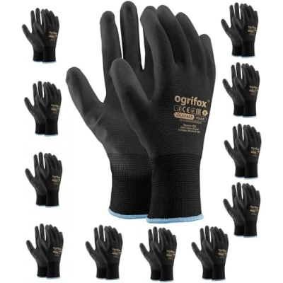 Afbeelding van Ogrifox 24 paar zwarte nylon werkhandschoenen met PU coating. Tuinieren, bouwers, monteur (XL (10)