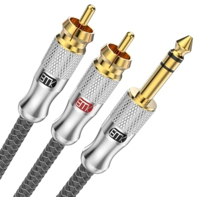 Afbeelding van EMK 1/4 naar RCA kabel, inch TRS stekker 2 stekkers, audiokabel, 6,35 mm stereo aansluiting op dubbele insteekkabel, Y splitterkabel (2 m, zilver)