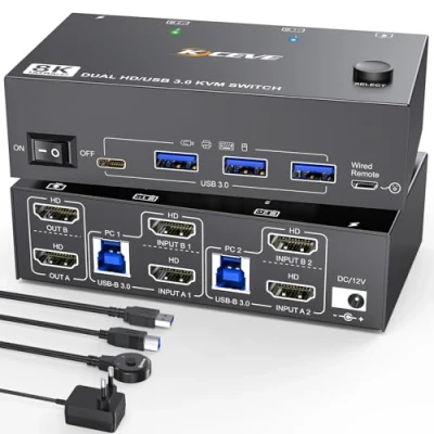 Afbeelding van 8K HDMI KVM switch 2 computers monitoren bij 60 Hz, Camgeet USB 3.0 switcher voor pc&#039;s Deel twee en 4 hub, met bedrade afstandsbediening, 12 V voedingsadapter, kabel
