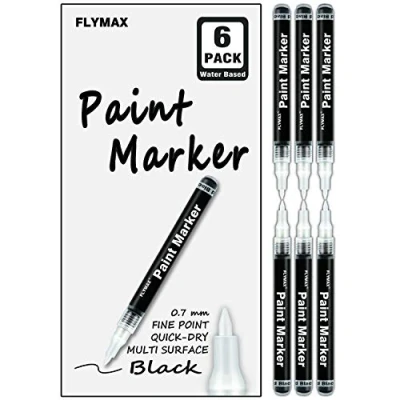 Afbeelding van Set van 6 zwarte acrylstiften voor glas, keramiek, leer, kunststof, steen, metaal, canvas, email, extra fijne punt, 0,7 mm, waterdicht