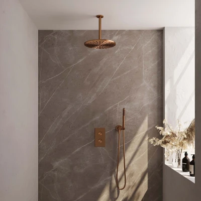 Afbeelding van Brauer Copper Edition Regendoucheset inbouw hoofddouche 30 cm 2 functies inclusief inbouwdeel handdouche Staaf 1 stand PVD geborsteld