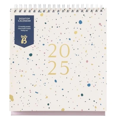 Afbeelding van Busy B Bureaukalender 2025 januari tot december roze spray kalender met ingebouwde standaard en flip top binding A5 werkkalender voor kantoor of thuis, jaarplanner opbergvakken
