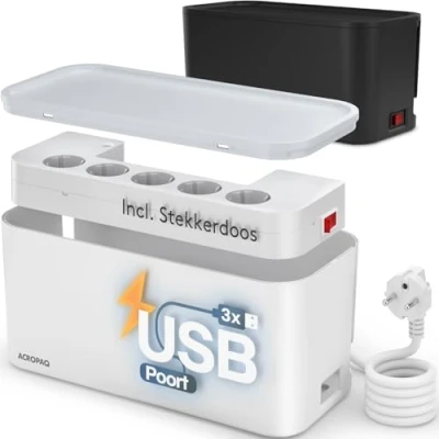 Afbeelding van ACROPAQ Kabelbox inclusief stekkerdoos en USB lader 5 voudig + 3 x A, Met schakelaar Opbergbox, Snellader Iphone Samsung, Kabel organiser Wit